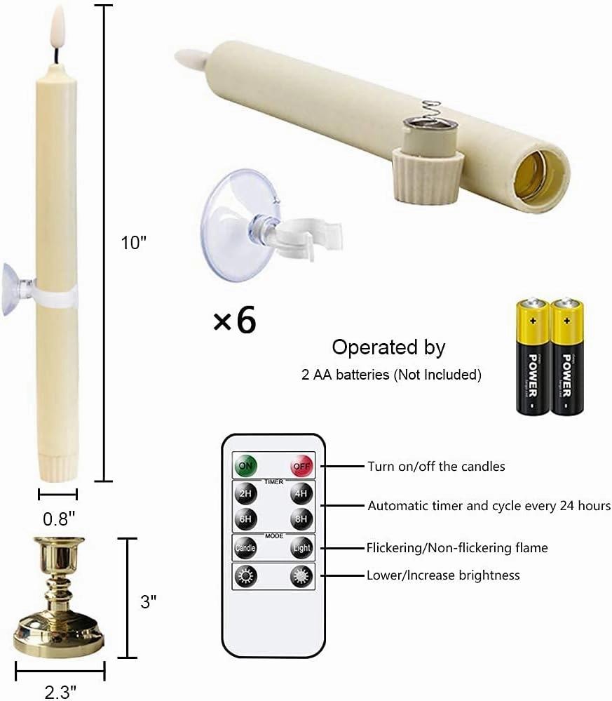 Flameless Window Candles with Timer & Remote, 10" Battery Operated 3D Wick LED Flickering Window Candles for Christmas Decoration, Removable Gold Holder and Suction Cups Included(6 Pack)