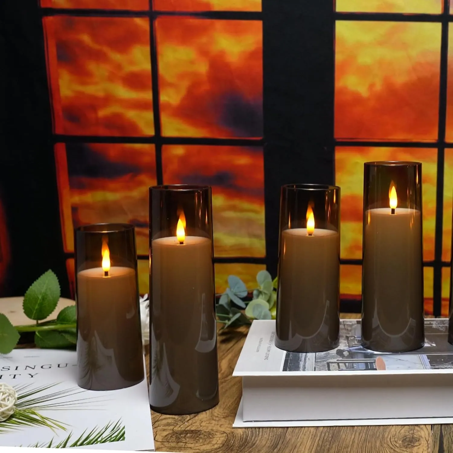 Flickering Flameless Candles Battery Operated with Remote and 2/4/6/8 H Timer Plexiglass Led Pillar Candles Pack of 9 (D2.3 xH 5" 6" 7") with Realistic Moving Wick Candles for Home Decor(Grey)