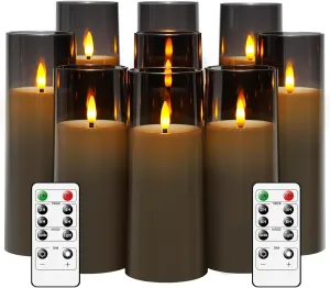 Flickering Flameless Candles Battery Operated with Remote and 2/4/6/8 H Timer Plexiglass Led Pillar Candles Pack of 9 (D2.3 xH 5" 6" 7") with Realistic Moving Wick Candles for Home Decor(Grey)