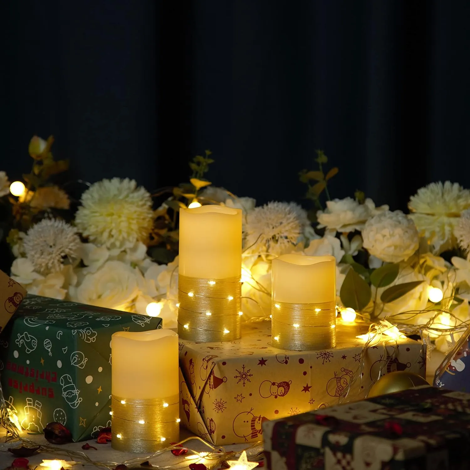 Flickering Flameless Candles Ivory Real Wax Pillar with Embedded String Lights LED Candles Battery Operated with 10 Key Remote and Cycling 5H Timer Set of 3 (3" x 4"/5"/6") (Gold)