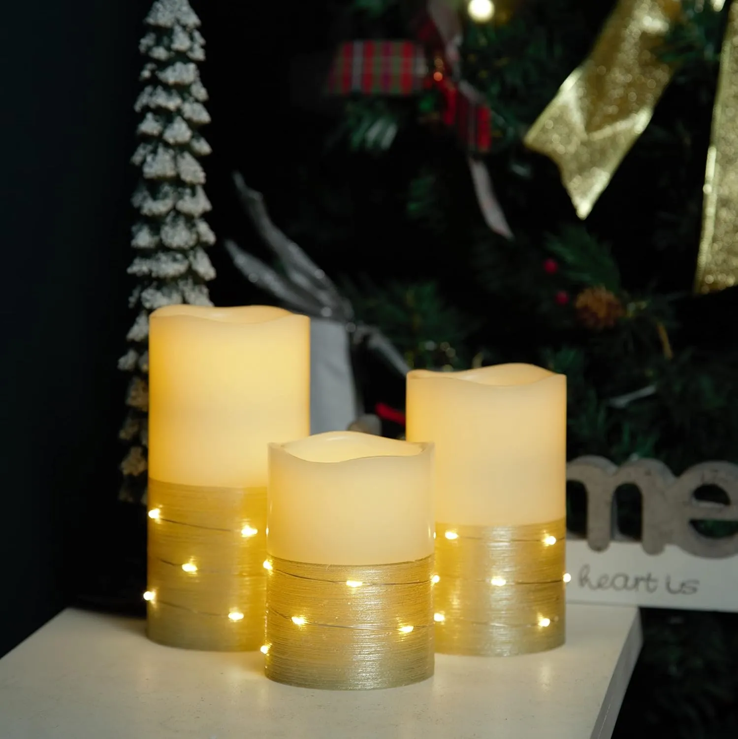 Flickering Flameless Candles Ivory Real Wax Pillar with Embedded String Lights LED Candles Battery Operated with 10 Key Remote and Cycling 5H Timer Set of 3 (3" x 4"/5"/6") (Gold)