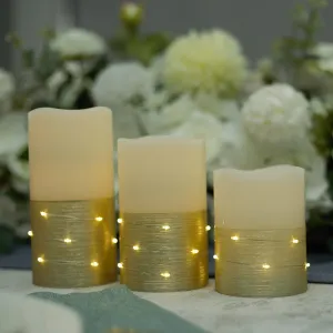 Flickering Flameless Candles Ivory Real Wax Pillar with Embedded String Lights LED Candles Battery Operated with 10 Key Remote and Cycling 5H Timer Set of 3 (3" x 4"/5"/6") (Gold)