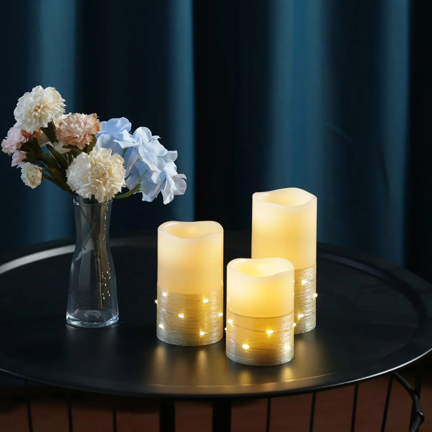 Flickering Flameless Candles Ivory Real Wax Pillar with Embedded String Lights LED Candles Battery Operated with 10 Key Remote and Cycling 5H Timer Set of 3 (3" x 4"/5"/6") (Gold)