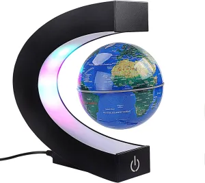 Floating Globe with Colored LED Lights C Shape Anti Gravity Magnetic Levitation Rotating World Map with Touch Switch for Gift Home Office Desk Decoration with Switch (Blue)