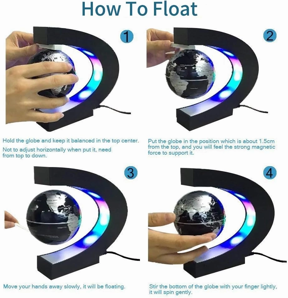Floating Globe with LED Lights C Shape Magnetic Levitation Floating Globe World Map for Desk Decoration (Black)