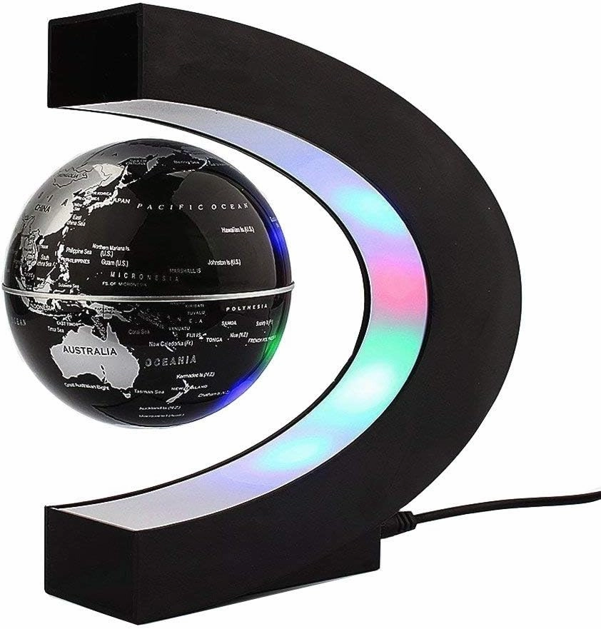 Floating Globe with LED Lights C Shape Magnetic Levitation Floating Globe World Map for Desk Decoration (Black)