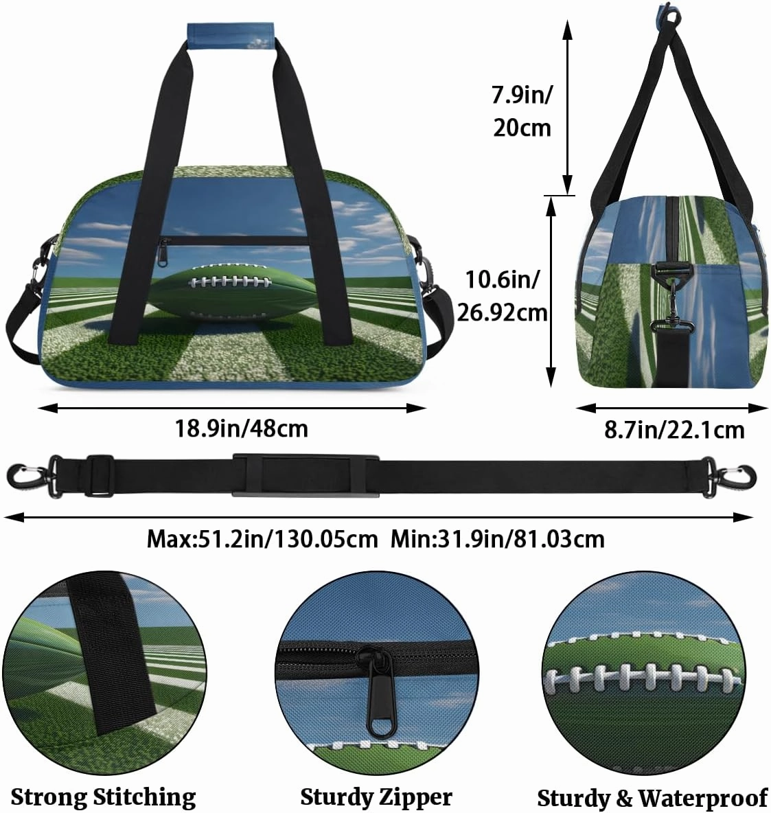 Football Stadium Kids Overnighter Duffel Bags for Boys, Carry-On Size Sports Gym Bag with Front Zipper Pocket for School Practice or Overnight Travel Weekender Sleepover Tote Bag