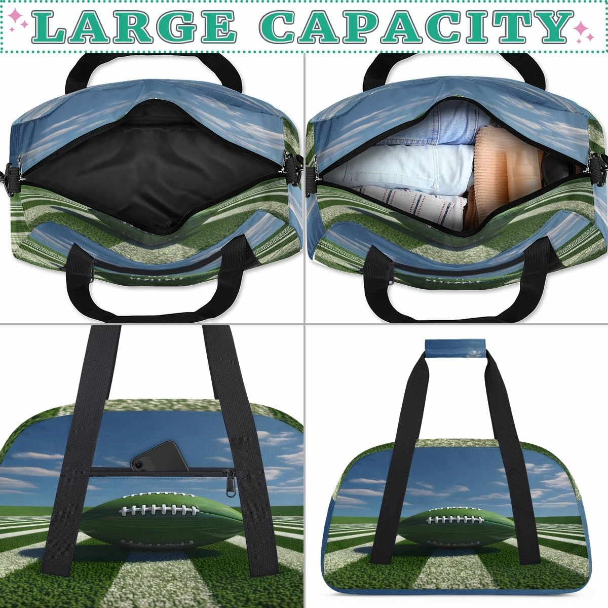 Football Stadium Kids Overnighter Duffel Bags for Boys, Carry-On Size Sports Gym Bag with Front Zipper Pocket for School Practice or Overnight Travel Weekender Sleepover Tote Bag