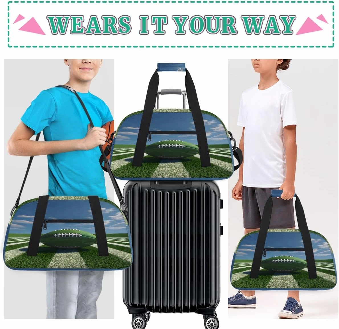 Football Stadium Kids Overnighter Duffel Bags for Boys, Carry-On Size Sports Gym Bag with Front Zipper Pocket for School Practice or Overnight Travel Weekender Sleepover Tote Bag