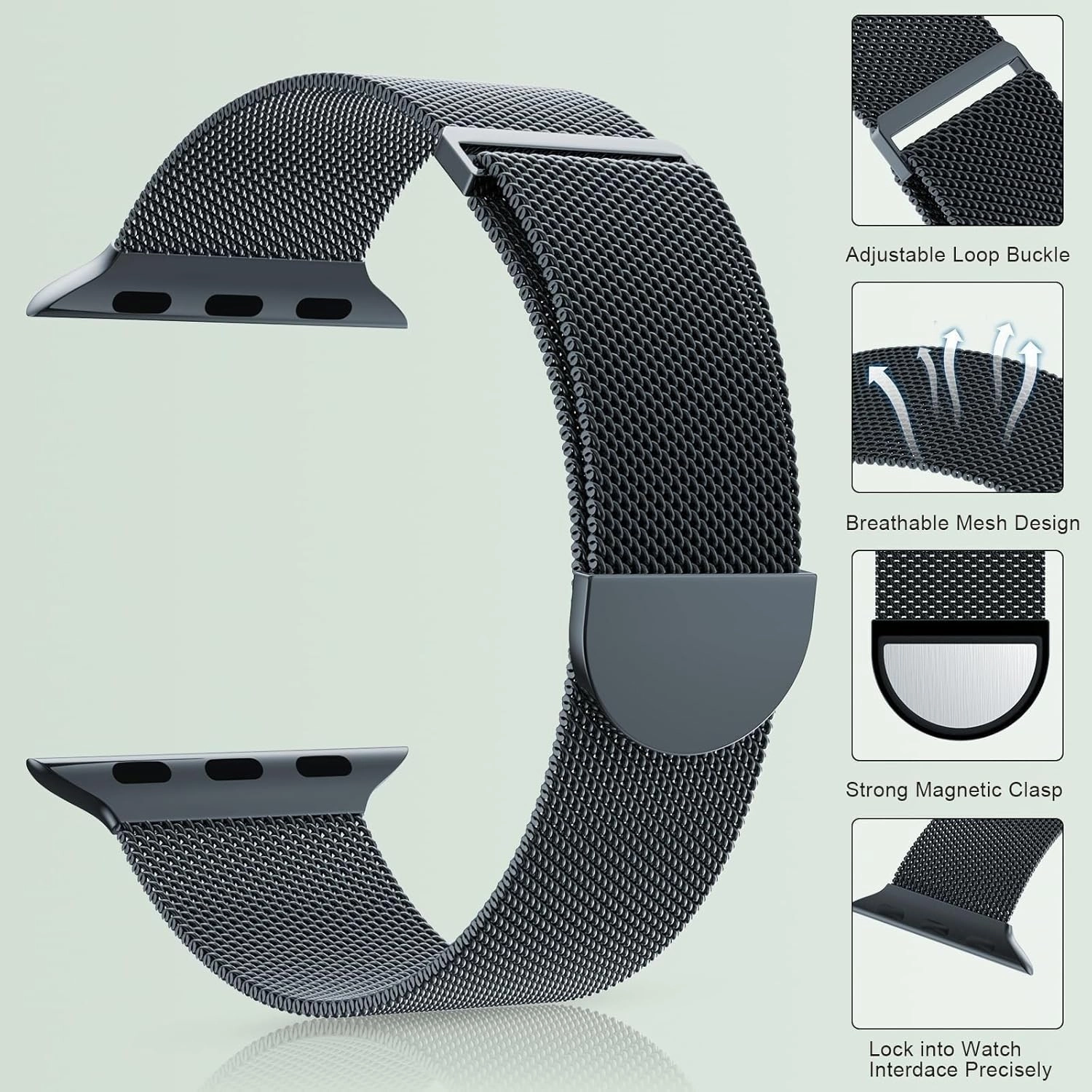 For Apple Watch Band Series 9, Ultra 2, SE, Ultra 8 7 6 5 4 3 2 1 38mm 40mm 41mm 42mm 44mm 45mm 49mm Women And Men, Stainless Steel Mesh Loop Magnetic Clasp Replacement
