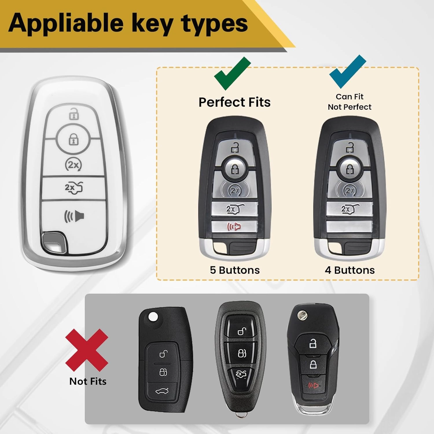 for Ford Key Fob Cover with Metal Braided Rope Keychain, Upgraded Soft Case for Fusion F150-F550 Edge Expedition Escape Explorer Bronco Maverick,etc.(5 Button) (Silver,B)