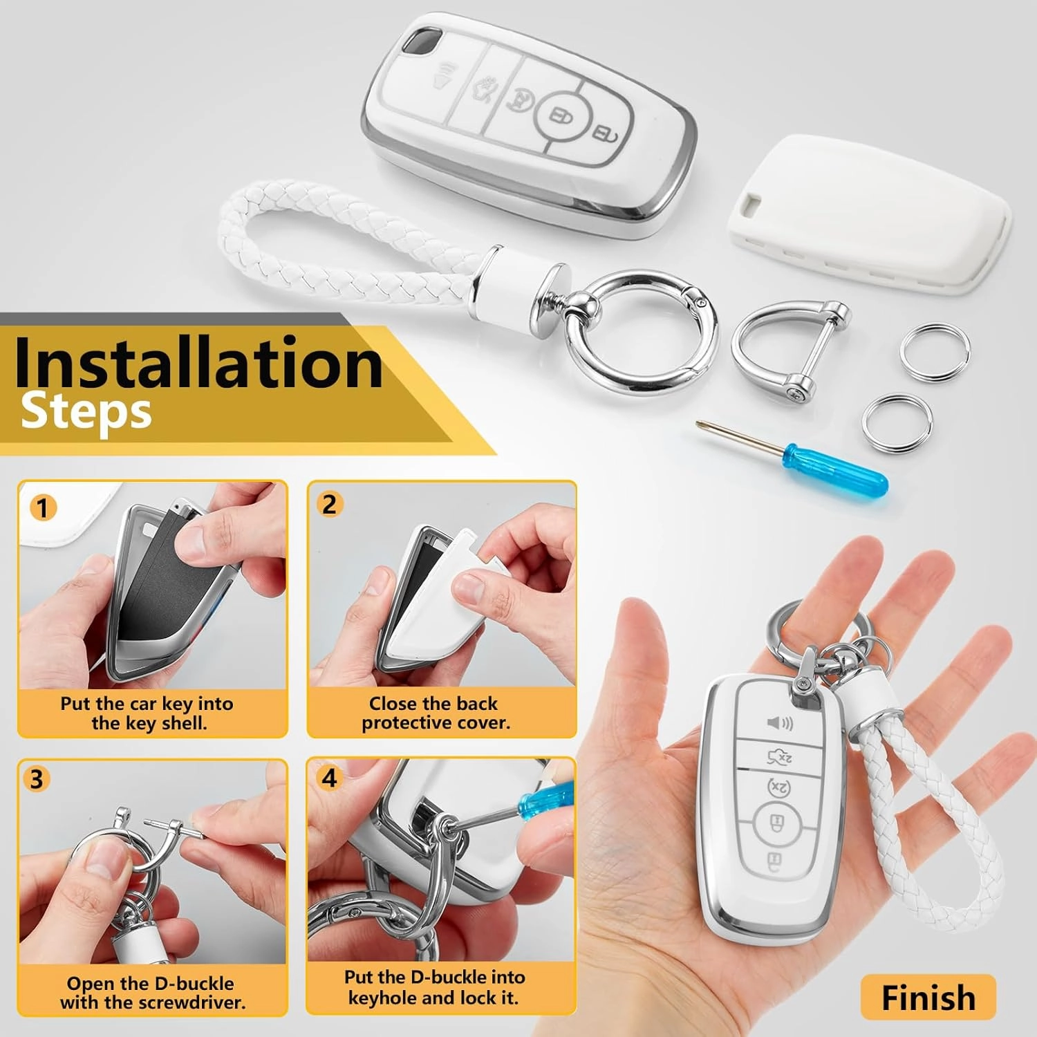 for Ford Key Fob Cover with Metal Braided Rope Keychain, Upgraded Soft Case for Fusion F150-F550 Edge Expedition Escape Explorer Bronco Maverick,etc.(5 Button) (Silver,B)