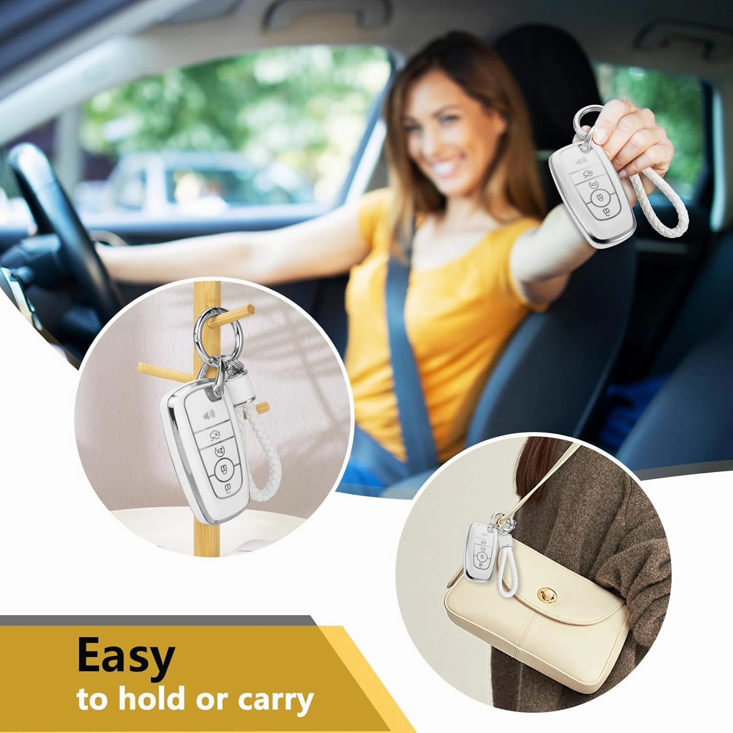 for Ford Key Fob Cover with Metal Braided Rope Keychain, Upgraded Soft Case for Fusion F150-F550 Edge Expedition Escape Explorer Bronco Maverick,etc.(5 Button) (Silver,B)