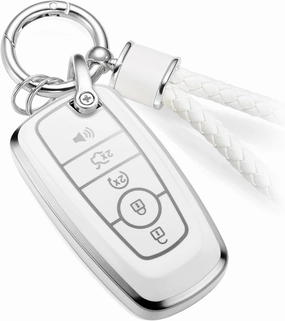 for Ford Key Fob Cover with Metal Braided Rope Keychain, Upgraded Soft Case for Fusion F150-F550 Edge Expedition Escape Explorer Bronco Maverick,etc.(5 Button) (Silver,B)
