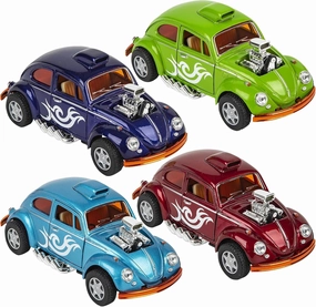 Forest & Twelfth Die Cast Cars Toys, 4 Pcs Vintage Volkswagen Beetle Custom Drag Racer Toy Car Set, 1:32 Scale Cars for Kids or Adults, Pull Back Mechanism, Retro VW Diecast Cars Classic Bug Design