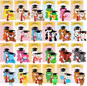 Fovths 24 Pieces Mini Graduation Plush Animals Set Graduation Stuffed Animals Greeting Cards Set Graduation Plush Keychain Animals Toy with Black Cap for Graduation Party Favors, School Gifts