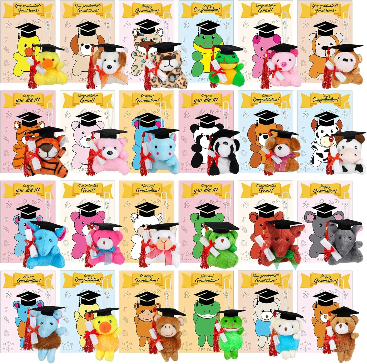 Fovths 24 Pieces Mini Graduation Plush Animals Set Graduation Stuffed Animals Greeting Cards Set Graduation Plush Keychain Animals Toy with Black Cap for Graduation Party Favors, School Gifts