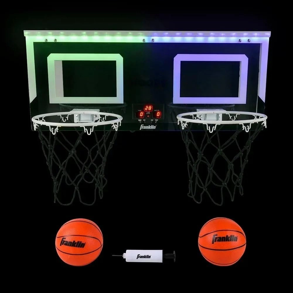 Franklin Sports Over The Door Indoor LED Basketball Hoops-Steel Rim Mini Basket-Includes Ball and Pump-Light Up Backboard