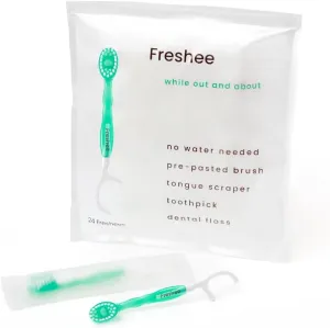 Freshee 5 in 1 Disposable Mini Toothbrush with Toothpaste   Floss   Pick   Tongue Scraper | Travel Size | Individually Wrapped | Soft | Mint | Travel Set | Oral Care