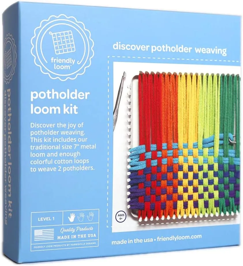 Friendly Loom 7” Traditional Potholder Weaving Kit | Sturdy Metal Loom and Quality Cotton Weaving Loops in Rainbow Colors | Complete Kit to Weave 2 Functional Potholders | Made in the USA