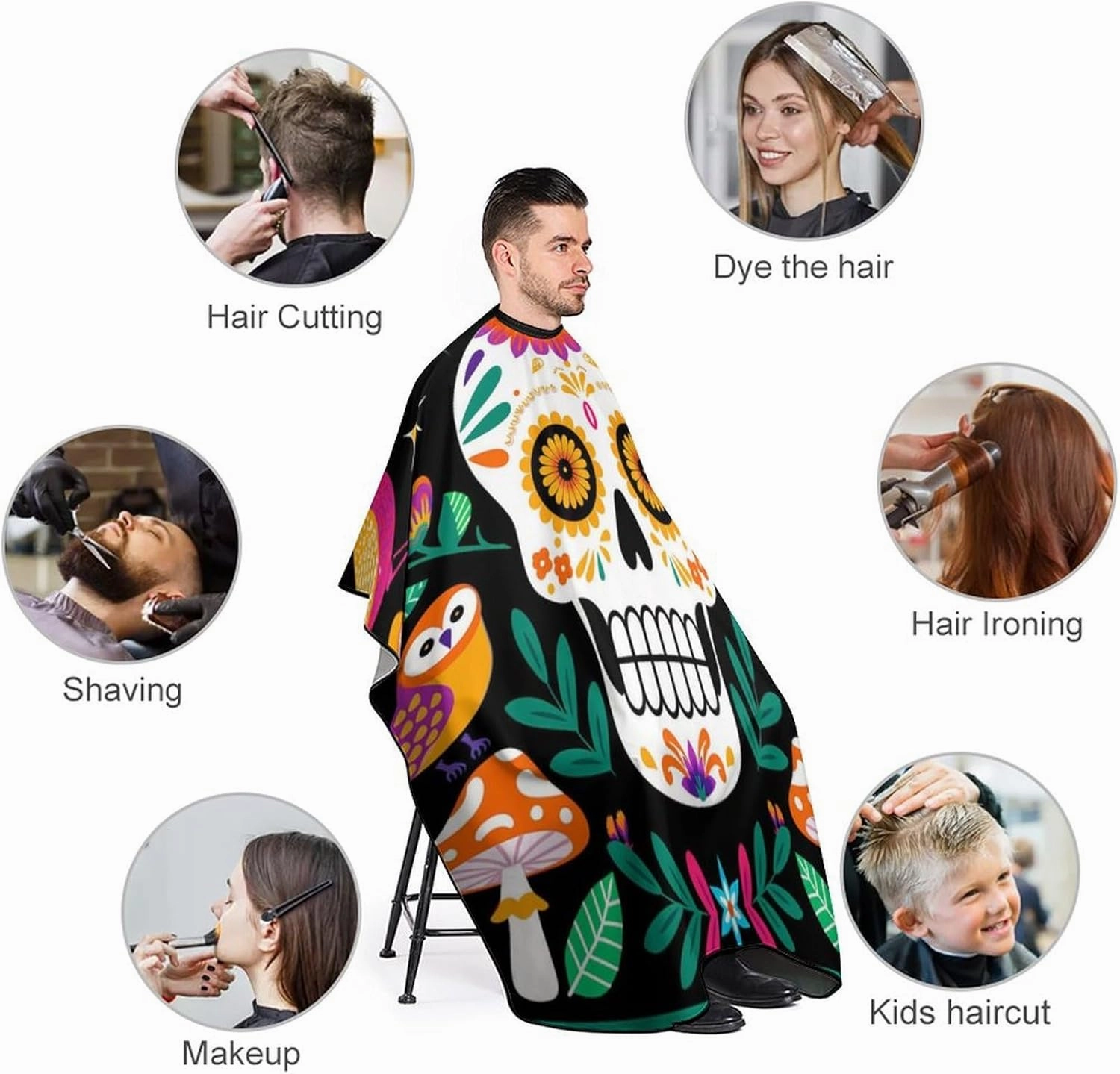Full Coverage Hair Styling Cape - Colorful Floral Sugar Skull Bird Art Professional Hair Cutting Apron Haircuting Salon Cape Gown for Barbers