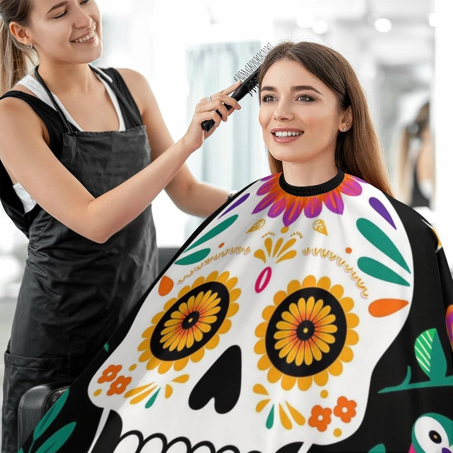 Full Coverage Hair Styling Cape - Colorful Floral Sugar Skull Bird Art Professional Hair Cutting Apron Haircuting Salon Cape Gown for Barbers