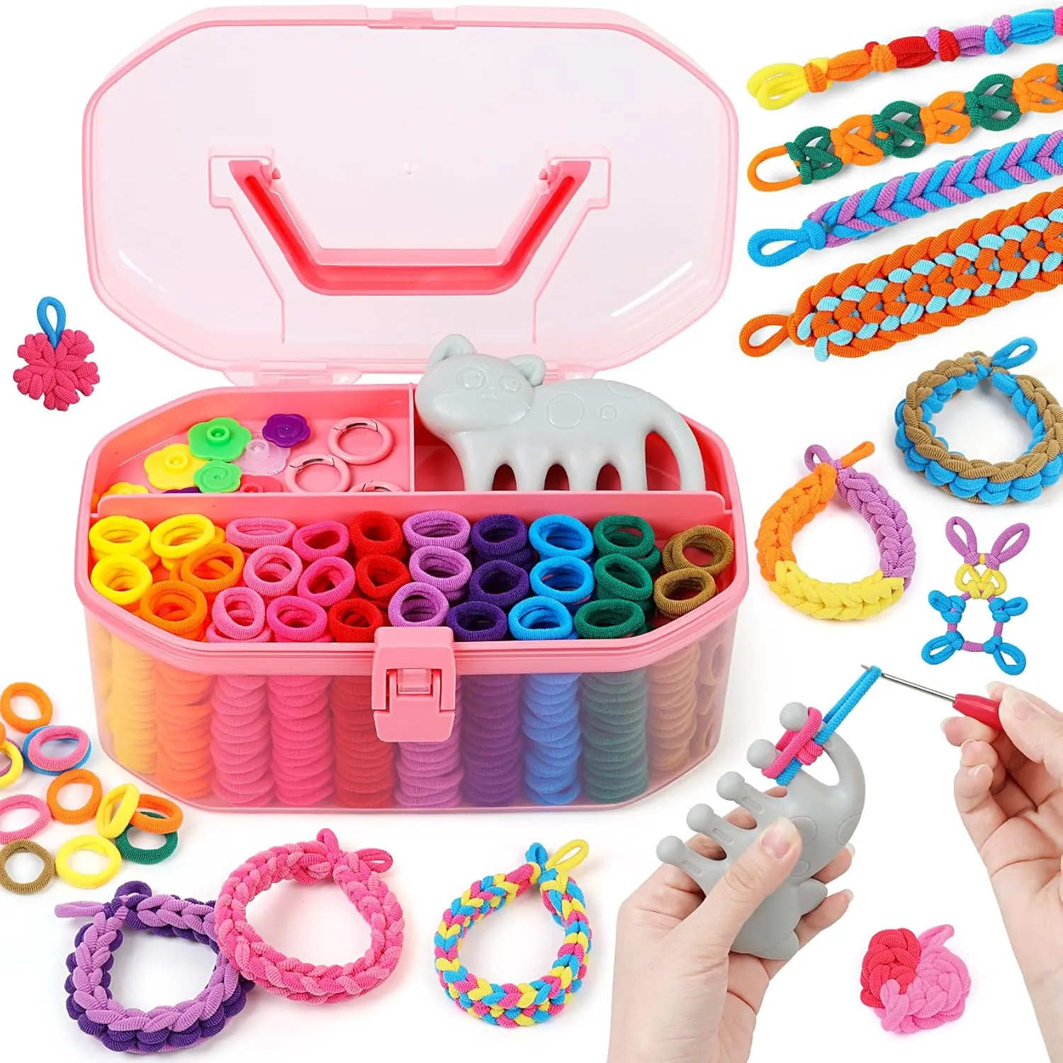 FUNiOi Kids Art and Craft Kit, Rubber Band Bracelet Make Toy, Cat Weaving Comb, 1000  Colorful Hair Ties, DIY, Organizer Case, Gift for Girls 7-12 Years