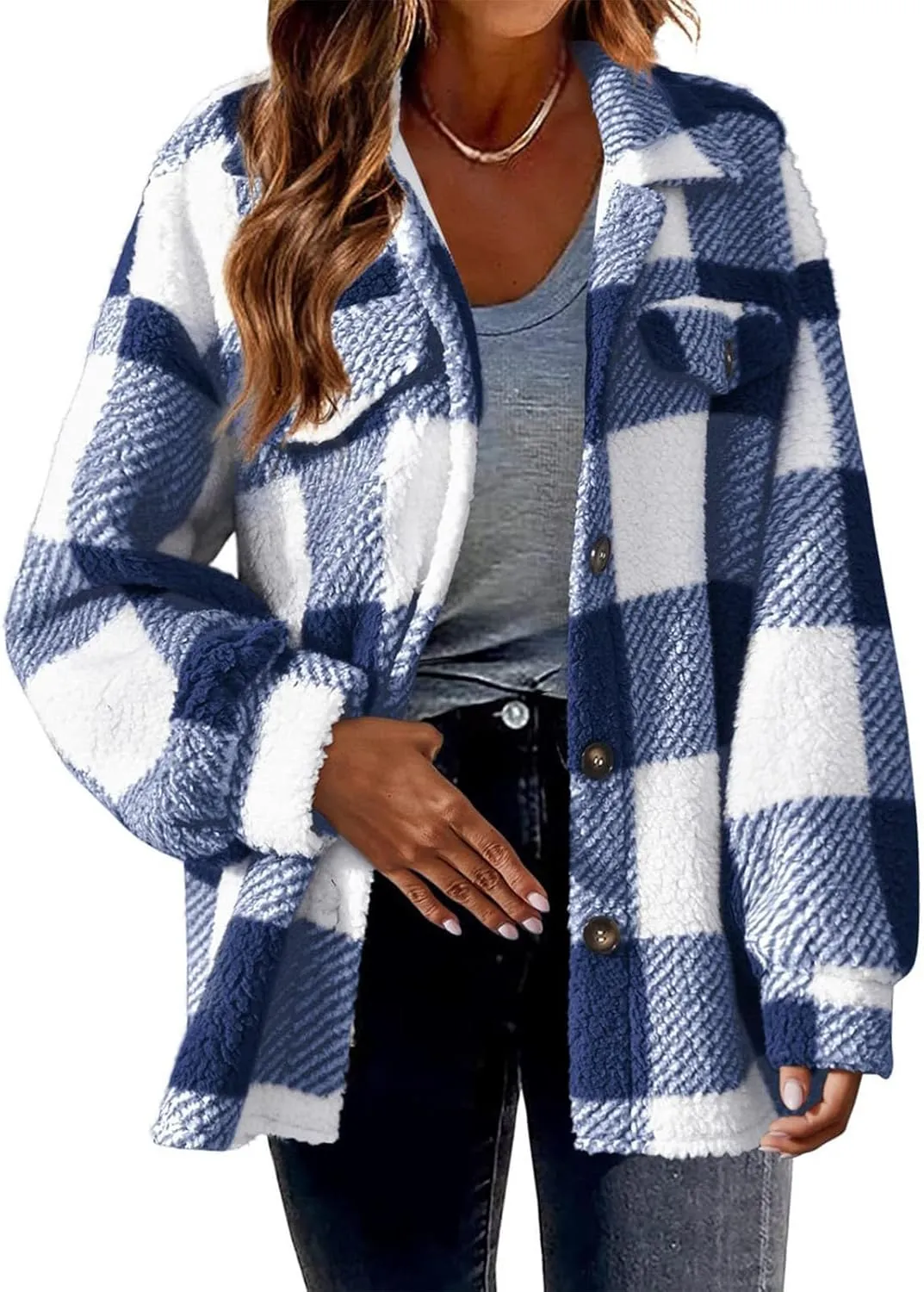 Fuzzy Fleece Plaid Jacket For Women Casual Loose Plus Size Button Down Sherpa Shacket Warm Winter Shearling Coat