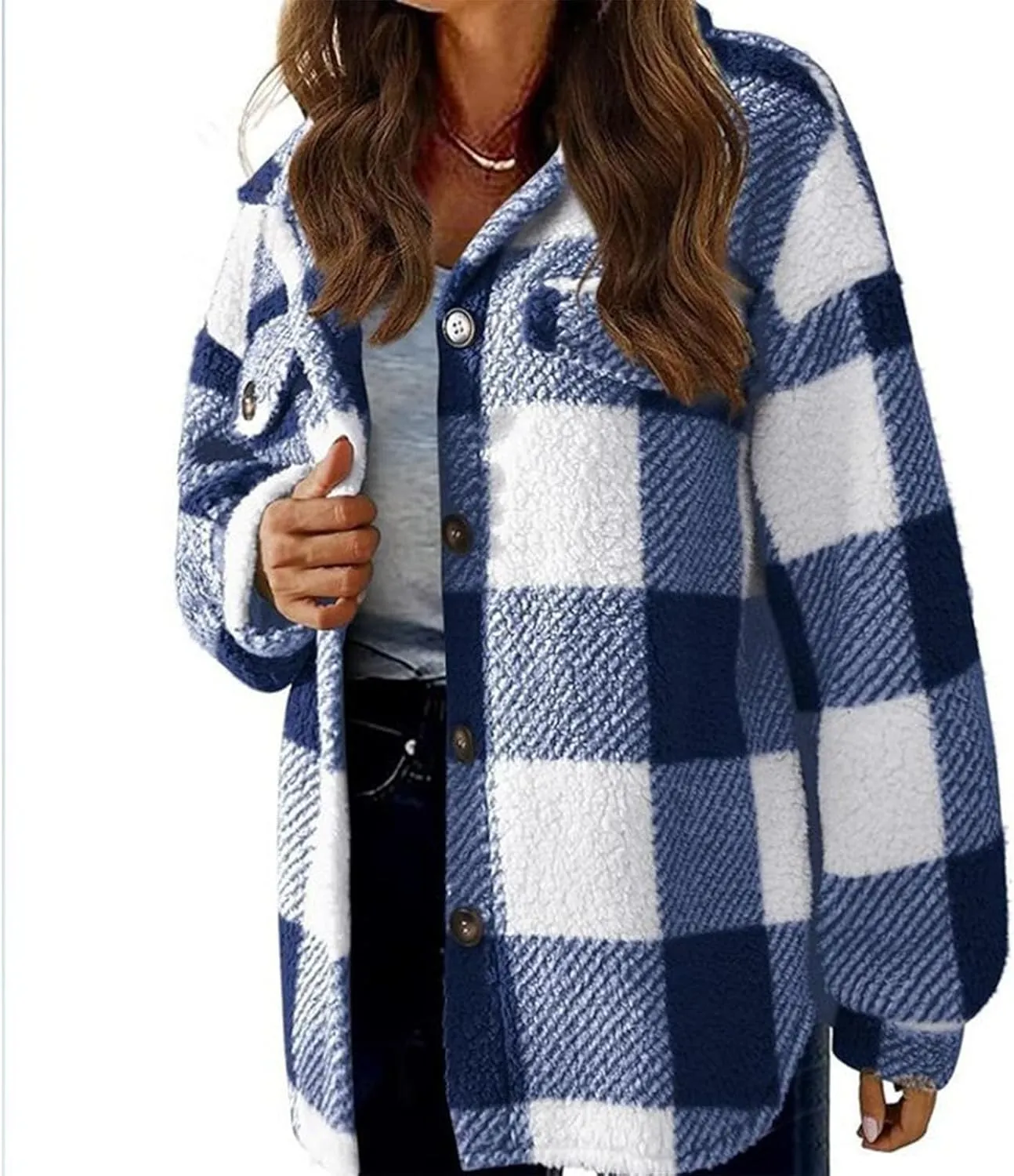 Fuzzy Fleece Plaid Jacket For Women Casual Loose Plus Size Button Down Sherpa Shacket Warm Winter Shearling Coat