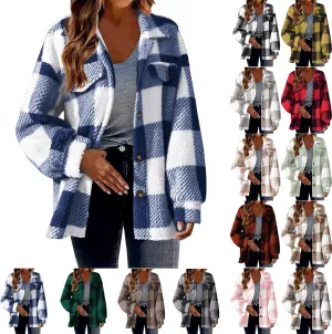 Fuzzy Fleece Plaid Jacket For Women Casual Loose Plus Size Button Down Sherpa Shacket Warm Winter Shearling Coat