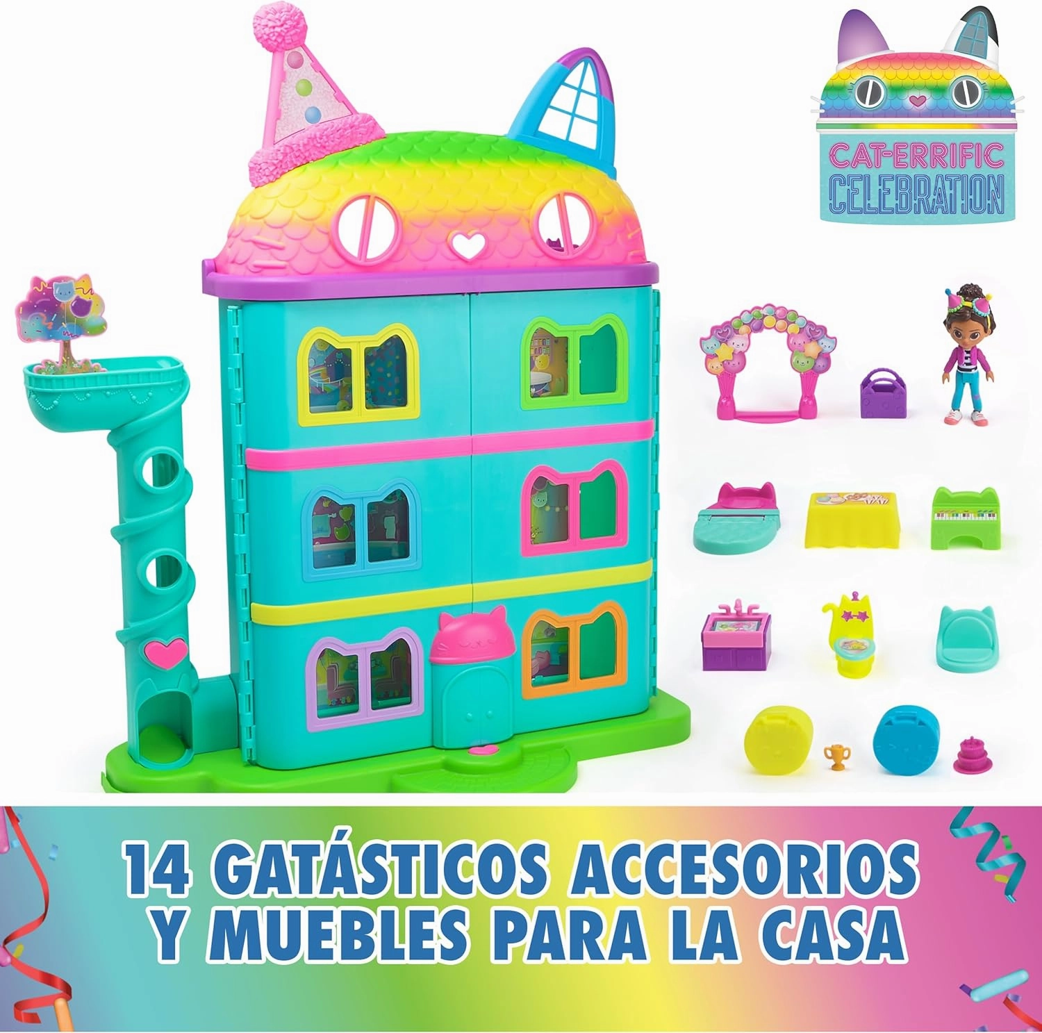 Gabby and the Magic House – Interactive Dollhouse with 1 Figurine   15 Accessories – Celebration Theme – Cartoon Toy – Children's Toy Age 3 Years and Above