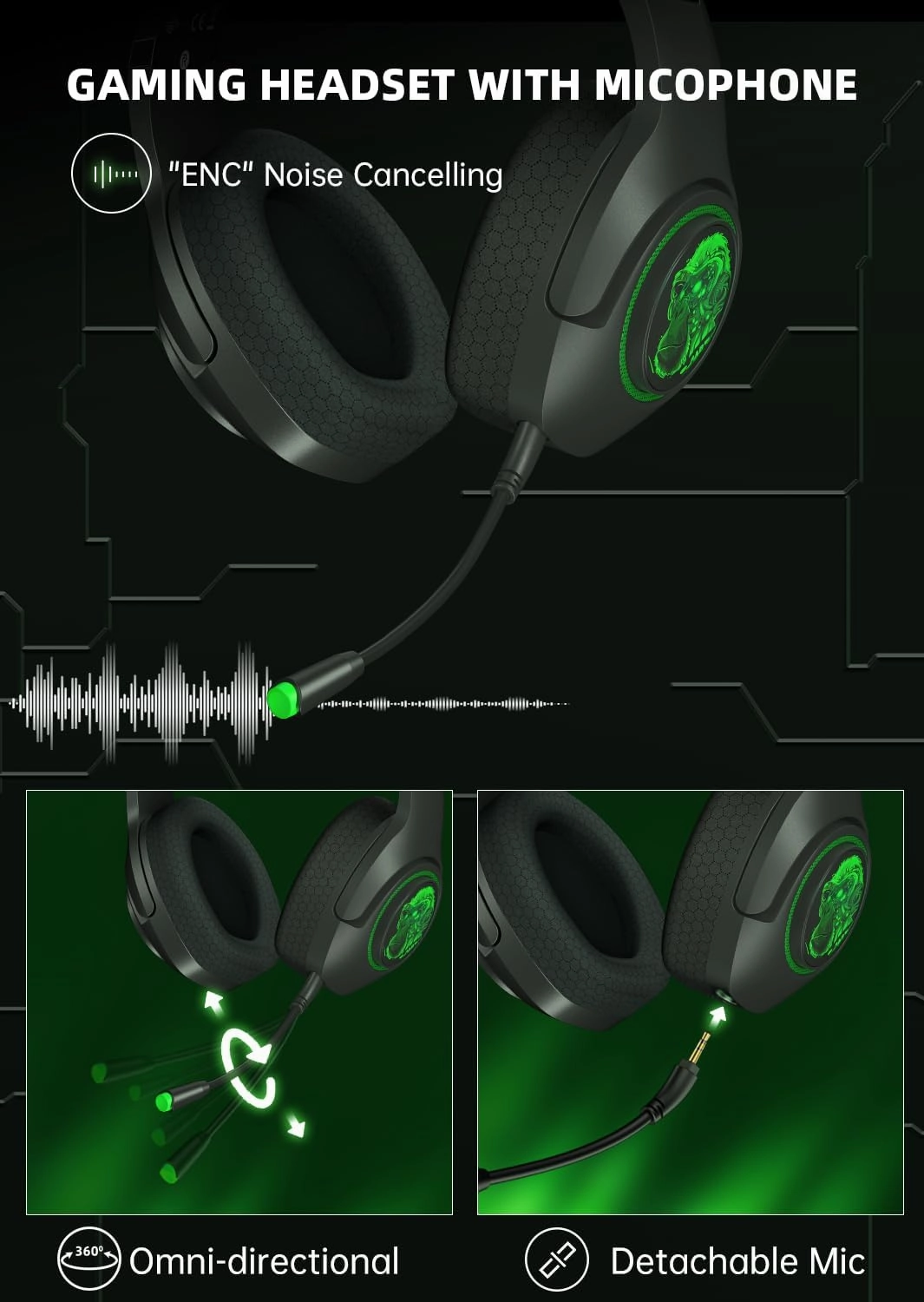 Gaming Headset Wireless, 2.4GHz Gaming Headphones Wireless with Noise Canceling Microphone for PS5, PS4, Fortnite & FPS Gamers, 40-Hr Battery Gamer Headphones for PC, Green Chimpanzees