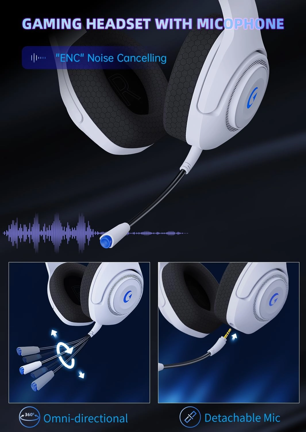 Gaming Headset Wireless, 2.4GHz Gaming Headphones Wireless with Noise Canceling Microphone for PS5, PS4, Fortnite/FPS Gamers, 40-Hr Battery Gamer Headphones for PC, Frosty White