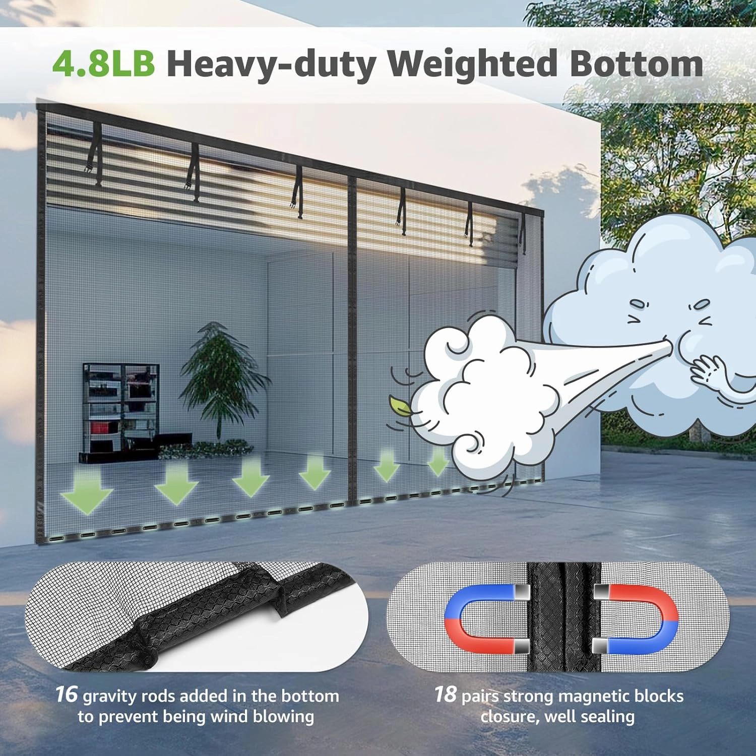 Garage Door Screen - 1 Car 9x8Ft Magnetic Closure Heavy Duty Weighted Bottom Screen Self Sealing Fiberglass Mesh Retractable Net-Easy Assembly&Pass-Through(Black)