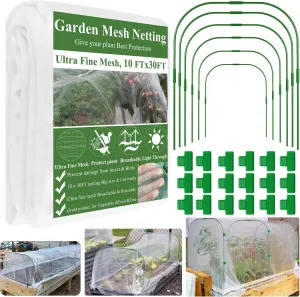 Garden Mesh Netting Kit, Plant Covers 10x30Ft Ultra Fine Mesh Netting & 6Pcs Garden Hoops &18 Clip, Garden Netting Kit for Raised Beds Plants Pest Barrier Greenhouse Row Cover Animal Protection Net