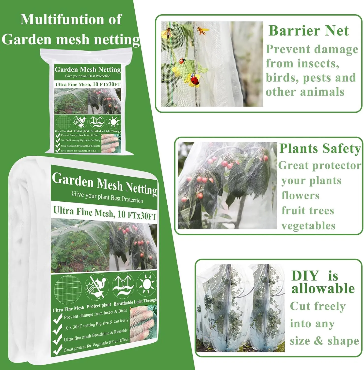 Garden Mesh Netting Kit, Plant Covers 10x30Ft Ultra Fine Mesh Netting & 6Pcs Garden Hoops &18 Clip, Garden Netting Kit for Raised Beds Plants Pest Barrier Greenhouse Row Cover Animal Protection Net