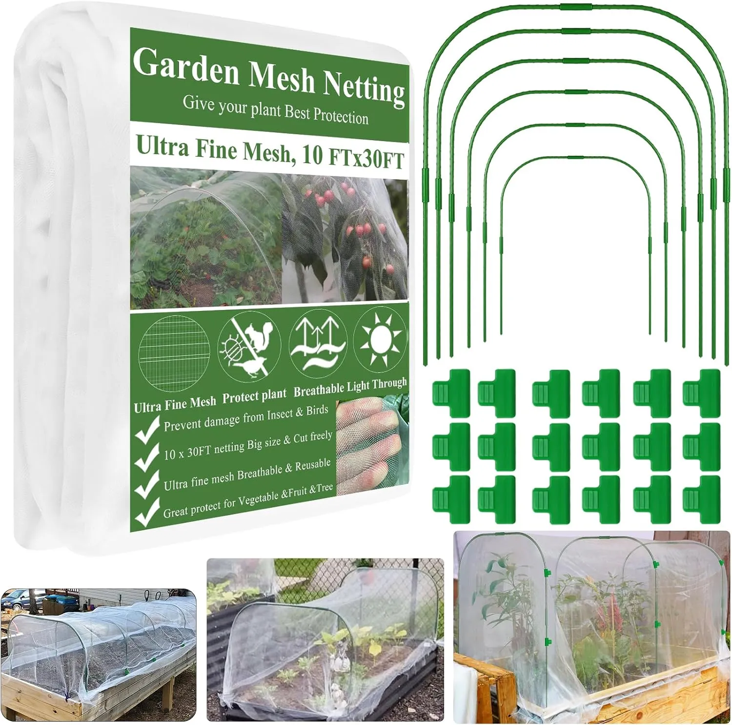 Garden Mesh Netting Kit, Plant Covers 10x30Ft Ultra Fine Mesh Netting & 6Pcs Garden Hoops &18 Clip, Garden Netting Kit for Raised Beds Plants Pest Barrier Greenhouse Row Cover Animal Protection Net