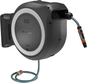 Gardena battery-powered wall-mounted hose box PowerRoll XXL ready-to-use-set: Reel with 40m garden hose, automatic roll-up, hose guide & RollControl. Complete with rechargeable battery (18647-20)