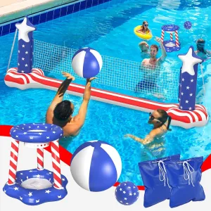 Gardentime Inflatable Volleyball Net and Basketball Hoops Pool Floating Toys Swimming Water Games for Adults and Kids 8-12 Teens Volleyball Court (122”x25”x40”) American Flag Summer Floaties