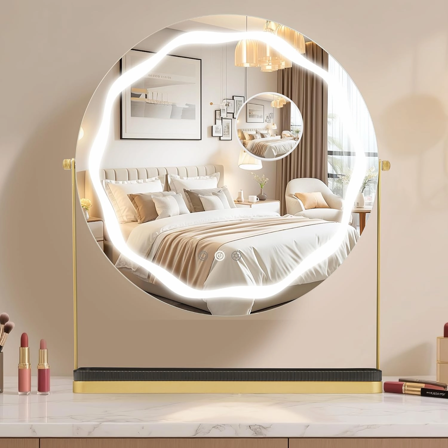 GarveeHome Round Makeup Mirror with Lights, LED Makeup Mirror with Removable Storage Case, Smart Touch Control, Tri-Colour Dimmable, 360° Swivel, Suitable for Desktop, Bedroom, Easy Assembly, Gold