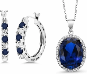 Gem Stone King Blue Sapphire Pendant Necklace and Hoop Earrings Set For Women in 925 Sterling Silver | With 18 Inch Silver Chain | Jewelry Set for Women