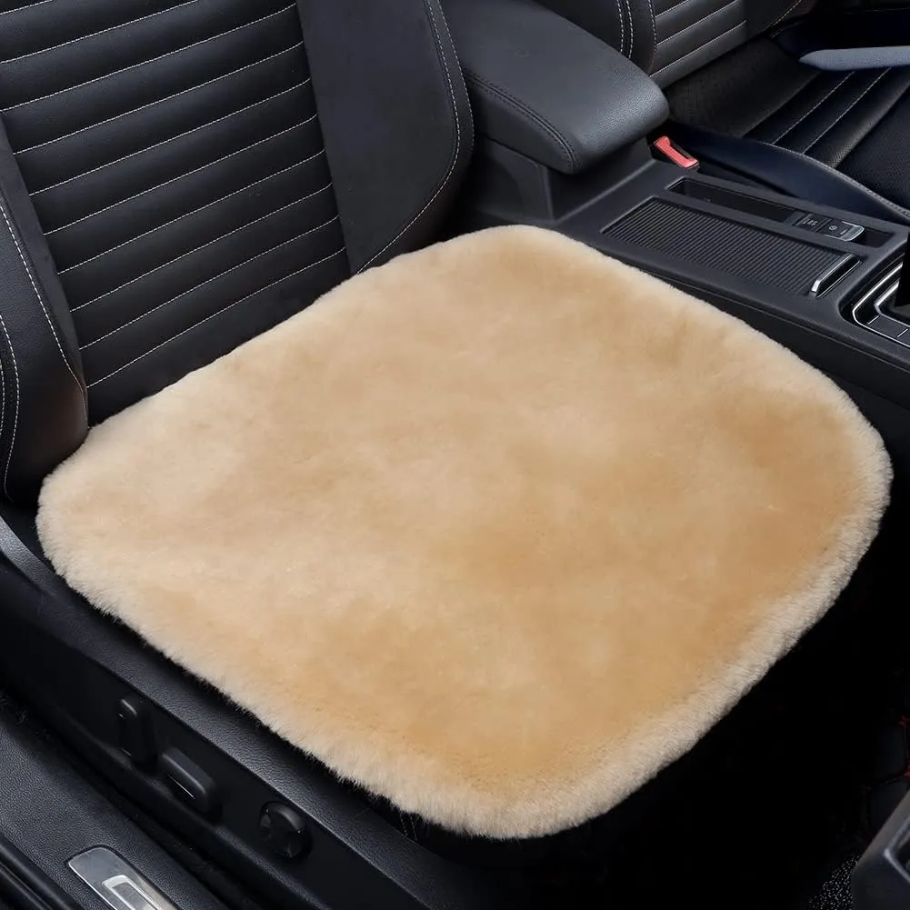 Genuine Sheepskin Auto Seat Pad, Australian Soft Wool Seat Cover Breathable and Sweat-Wicking Comfort Warm Universal Fit,19.2 inch x19.2 inch (Front seat Cushion 1pc, Khaki)