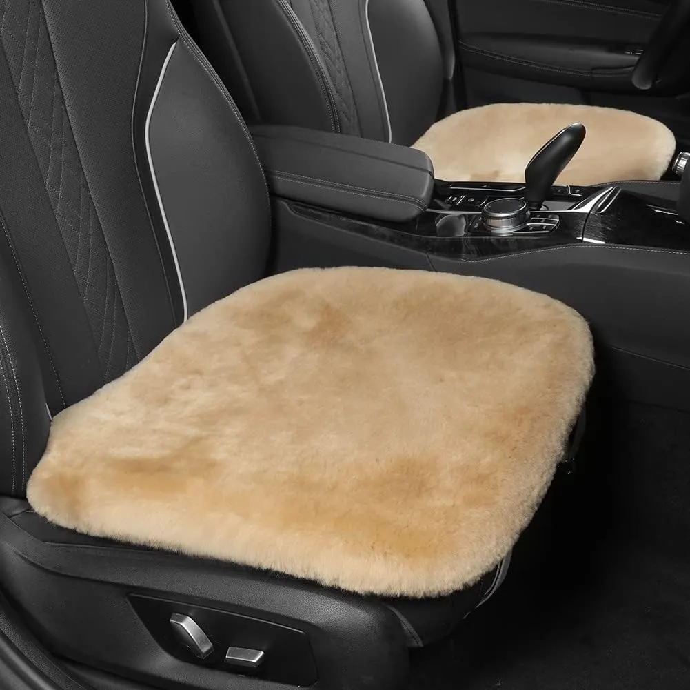 Genuine Sheepskin Auto Seat Pad, Australian Soft Wool Seat Cover Breathable and Sweat-Wicking Comfort Warm Universal Fit,19.2 inch x19.2 inch (Front seat Cushion 1pc, Khaki)