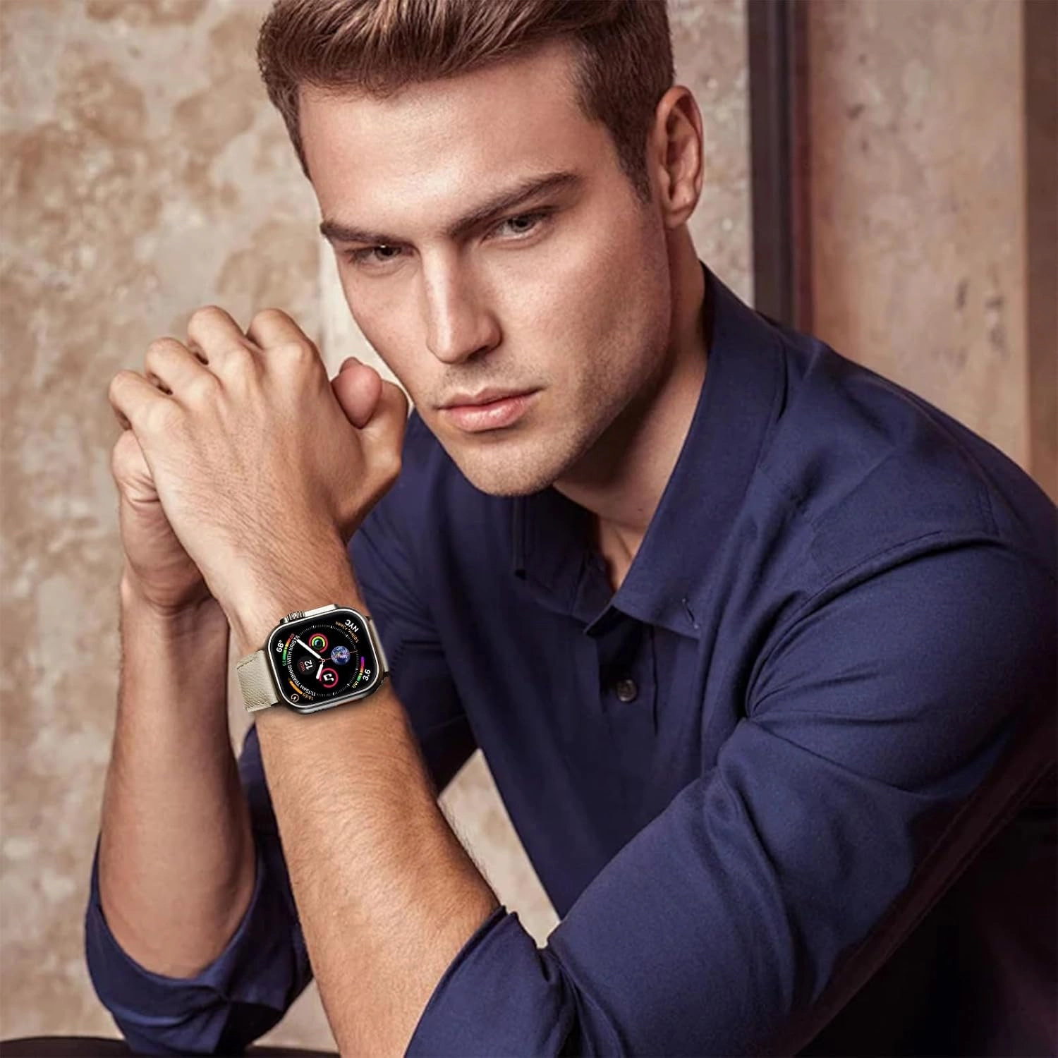 Genuine Leather Band Compatible with Apple Watch 44mm45mm46mm49mm for Men, Leather Strap with Magnetic H-Shaped Buckle for iWatch Ultra Series 10 9 8 7 6 5 4 SE