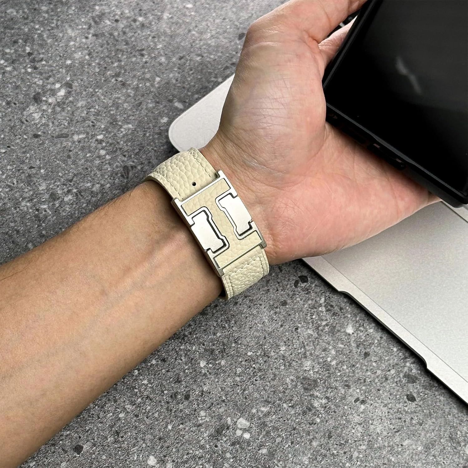 Genuine Leather Band Compatible with Apple Watch 44mm45mm46mm49mm for Men, Leather Strap with Magnetic H-Shaped Buckle for iWatch Ultra Series 10 9 8 7 6 5 4 SE