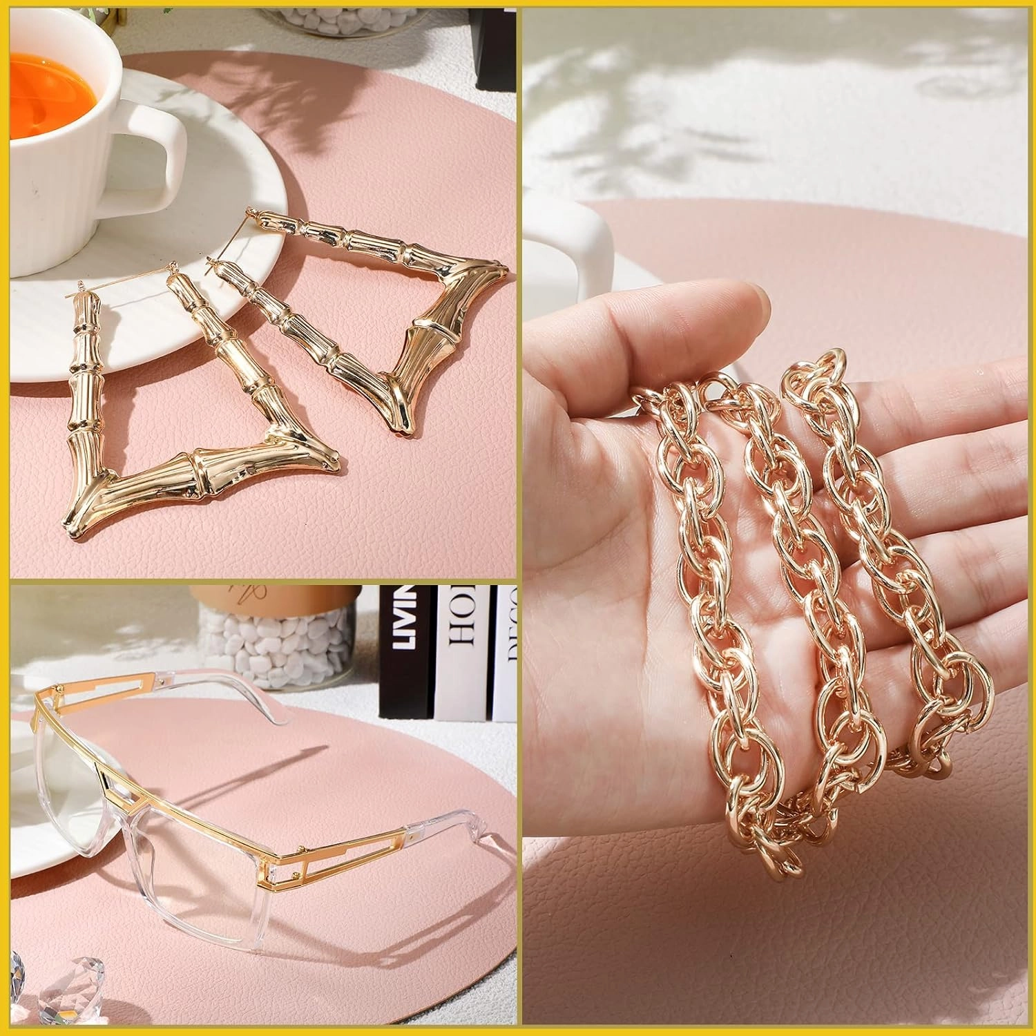 Geyoga 7 Pcs 80s 90s Outfit for Woman Hip Hop Costume Kit Rapper Accessories Yoga Pants Sunglasses Gold Chain Earrings