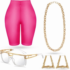 Geyoga 7 Pcs 80s 90s Outfit for Woman Hip Hop Costume Kit Rapper Accessories Yoga Pants Sunglasses Gold Chain Earrings