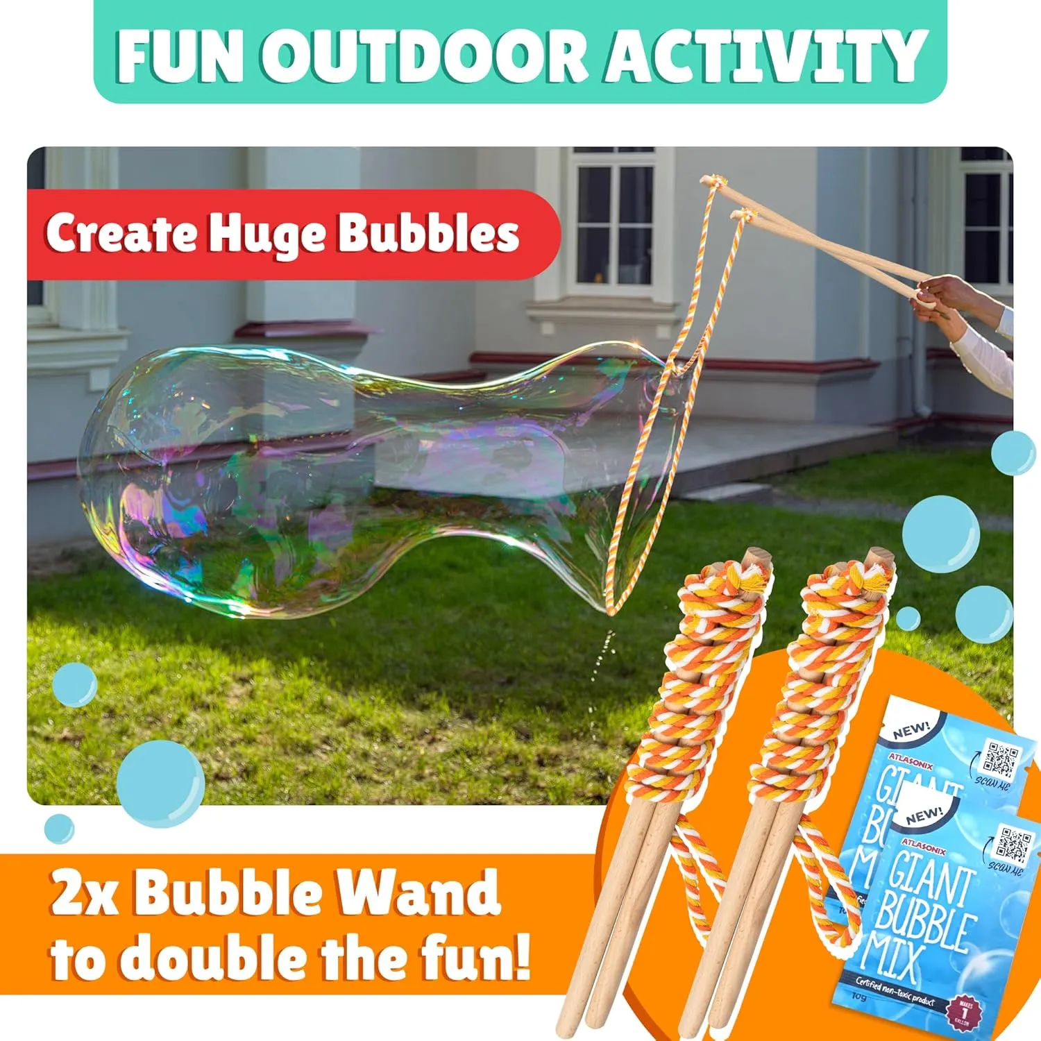 Giant Bubble Wand, Big Bubble Wand, Huge Rope, 2 Pack Giant Bubble Wooden Wands & 256 Ounces Bubble Mix Concentrate Refill, Party Outdoor Summer Toys Activities for Kids Boys and Girls Kit