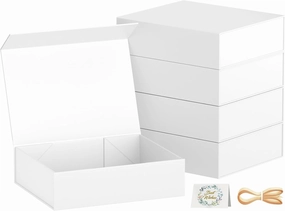 Gift Boxes with Lids, 11.5x7.8x3 In White Gift Box for Presents Magnetic Closure for T-Shirts, Gloves, Scarves, Books, Baby Clothes, Clothing Gift Wrap, Contains Card, Ribbon (5PACK)