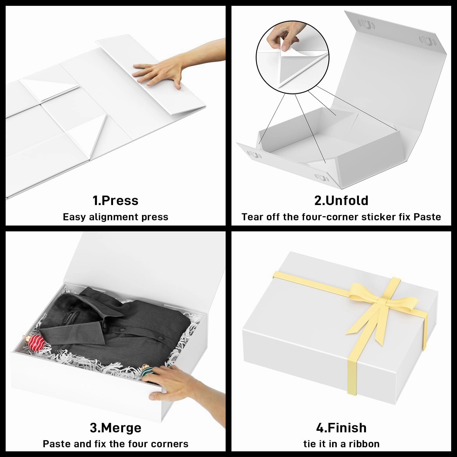 Gift Boxes with Lids, 11.5x7.8x3 In White Gift Box for Presents Magnetic Closure for T-Shirts, Gloves, Scarves, Books, Baby Clothes, Clothing Gift Wrap, Contains Card, Ribbon (5PACK)